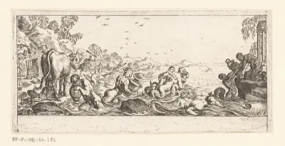 Nereïden en tritons met urnen aan een kust