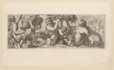 Nereïden met fruitmand en wijnvat omringd door putti