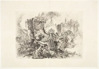 Neros grav. Dekorativ capriccio. I forgrunden arkitekturfragmenter og en sarkofag omvundet af slanger og med Neros grav herover