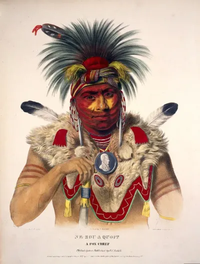 Nesouaquoit (Bear in the Forks of a Tree), a chief of the Fox tribe, wearing a bearskin cloak