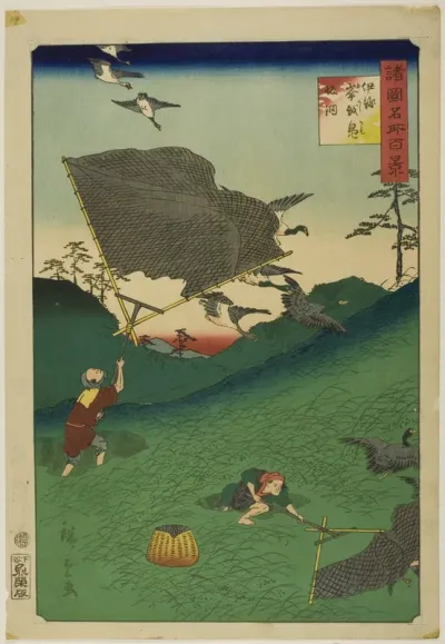 Netting Wild Geese on the Hill at Okoshi, Iyo Province (Iyo Okoshi kamo saka ami) from the series “One Hundred Famous Views in the Various Provinces (Shokoku meisho hyakkei)”