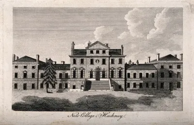 New College [Hackney House], Hackney: a large building in the Palladian style, with a bust in a niche above the entrance
