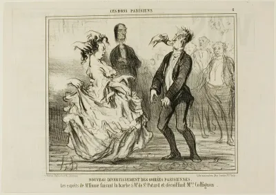 New Entertainment at the Parisian Evening Parties. The spirit of Mr. Hume shaving the beard of Monsieur de St. Potard and undoing the hair of Madame Coffignon, plate 8 from Ces Bons Parisiens