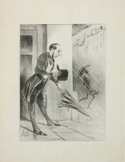 New patented umbrella, with an improved spring system, to swiftly open at the slightest touch.(please refer to our advertisement in the matter), plate 33 from Émotions Parisiennes