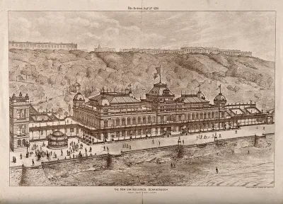 New Spa buildings, Scarborough, Yorkshire: panoramic bird's eye view