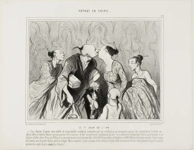 New Year's Day. The Chinese, following an old and respectable tradition invented by a confectioner, never fail to begin the year by offering to all their acquaintances chestnuts and other small presents. They kiss each other with pursed lips, but wou