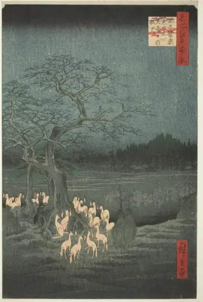 New Year’s Eve Fox Fires at the Changing Tree (Ōji shozoku enoki omisoka no kitsunebi), from the series One Hundred Famous Views of Edo (Meisho Edo hyakkei)