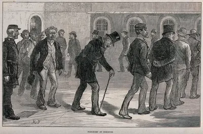 Newgate Prison, London: male prisoners taking exercise by walking around the prison yard