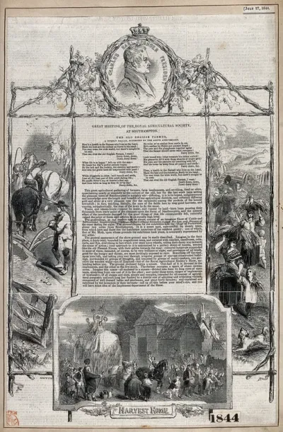 Newspaper illustrations of harvesters and Earl Spencer, President of the Royal Agricultural Society, accompanied by a ballad and article about the RAS Meeting