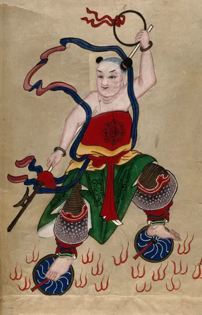 Nezha, a Chinese deity with spear, walking on fire