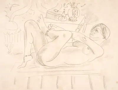 Nøgen kvinde, liggende på ryggen og med perlekæder om anklerne (odalisque)