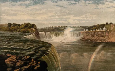 Niagara Falls: a view of the American side of the Falls, with a rainbow reflected in the water