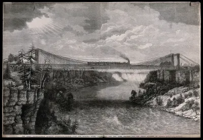 Niagara River: a steam train travelling on a bridge over the river between Canada and the USA