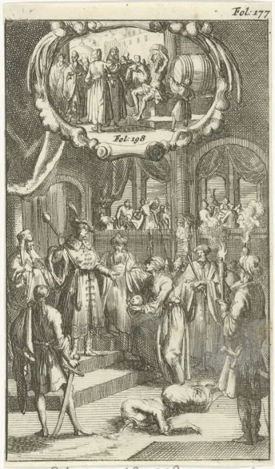 Nicephorus, keizer der Grieken, door de Wallachen overwonnen en onthoofd / Diogenes overgiet zich in de winter met koud water