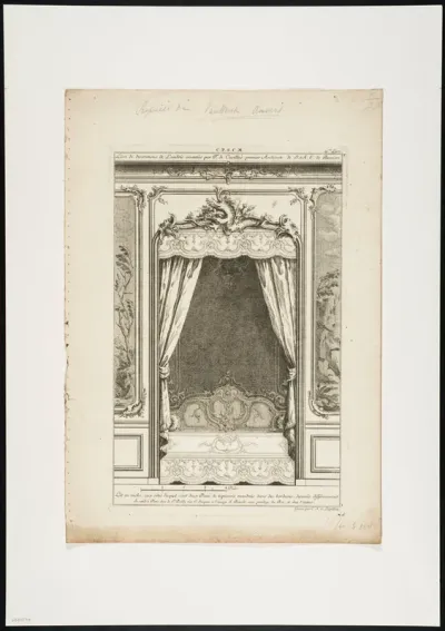Niche bed, with two pieces of tapestry decorated with different colours on either side