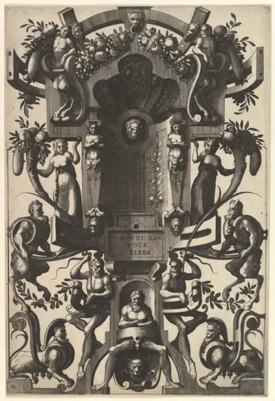 Niche in the Form of a Cartouche from the series Veelderleij niewe inuentien van antijcksche sepultueren, diemen nou zeere ghebruijkende is met noch zeer fraeije grotissen en[de] Compertimenten zeer beqwame voer beeltsniders antijcksniders schilders 