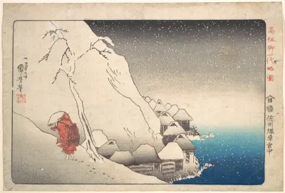 Nichiren in Snow at Tsukahara, Sodo Province — Utagawa Kuniyoshi Kanvas Tablo