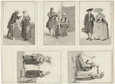 Niet versneden blad met vijf afbeeldingen van figuren in Noord-Nederlandse klederdrachten