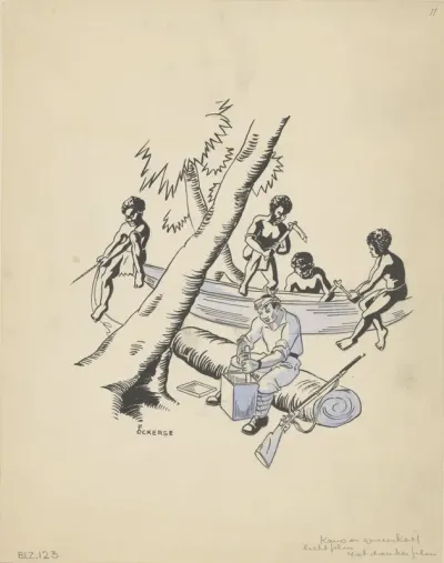Nieuw-Guineese mannen bouwen een kano