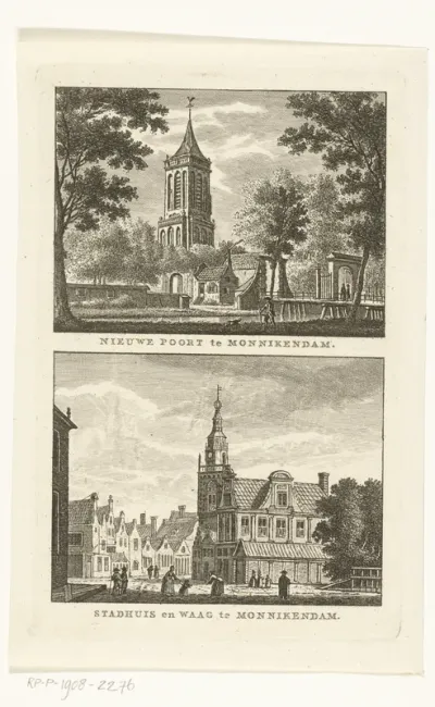 Nieuwe of Broekerpoort en toren van Grote Kerk te Monnickendam en stadhuis en Waag te Monnickendam