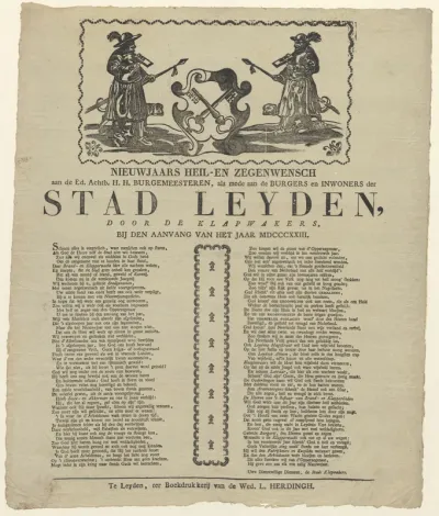 Nieuwjaars heil- en zegenwensch aan de Edel. Achtb. H.H. Burgemeesteren, als mede  aan de burgers en inwoners der stad Leyden, door de klapwakers, bij den aanvang van het jaar MDCCCXXIII.