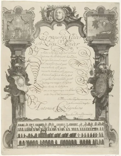 Nieuwjaarswens met gekalligrafeerde tekst binnen een randwerk met de begrafenis van Willem IV, 1754