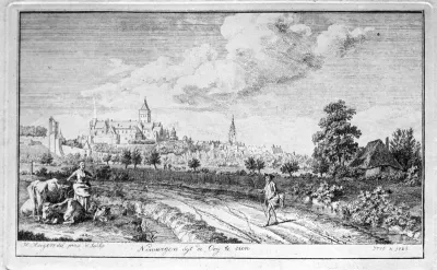 Nijmegen, gezien vanuit de Ooijpolder ; ets van Hendrik Hoogers (1747-1814)