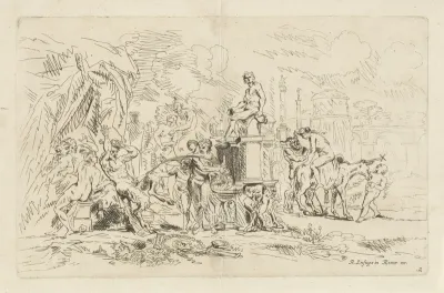 Nimfen en saters rond een fontein met Bacchus