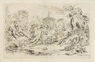 Nimfen en saters voor een tempel van Bacchus