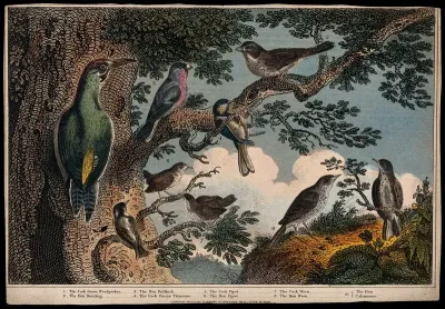 Nine birds, including a woodpecker, bullfinch, pippets and wrens, all perching on a tree