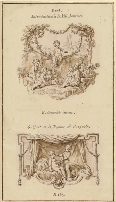 Nine Children Listening to a Girl Tell a Story; A Boy Handing a Purse to a Girl Seated on a Bed