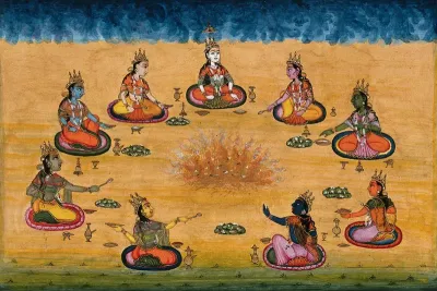 Nine female deities (?) performing a yagna, a fire sacrifice, an old vedic ritual where offerings are made to the god of fire, Agni