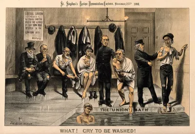 Nine men in a public bath; representing the Liberals' rejection of doubts about Home rule for Ireland