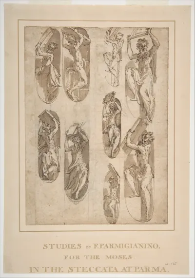 Nine Studies of the Moses in Santa Maria della Steccata, Parma (recto); Nine Studies for the Eve in Santa Maria della Steccata, Parma (verso)