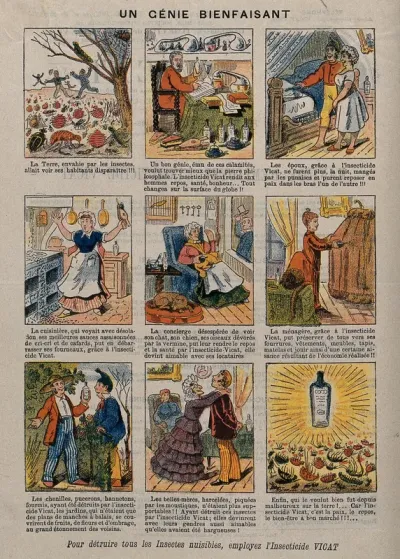 Nine vignettes advertising uses of Insecticide Vicat