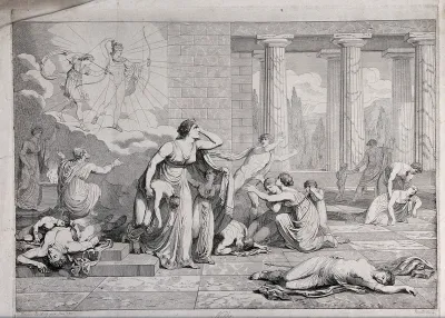 Niobe grieving over the loss of her fourteen children while holding some of their dead bodies