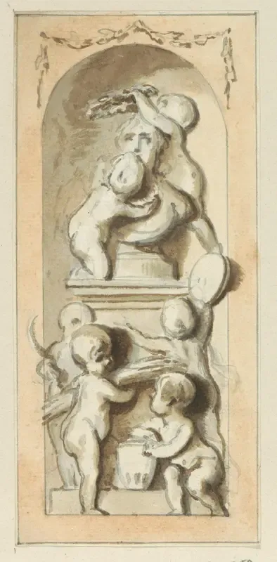 Nis met putti die een buste lauweren