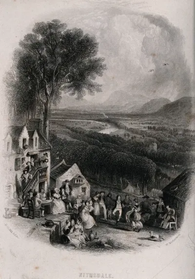 Nithsdale, Scotland: people gather in a village street to watch as musicians play and others dance
