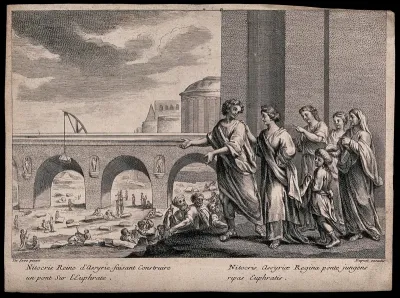 Nitocris, Queen of Babylon, supervising the building of a bridge over the River Euphrates