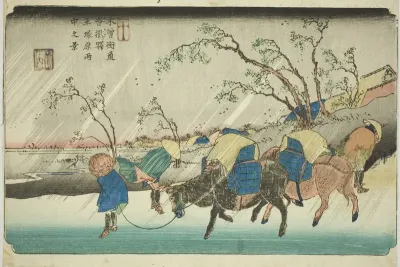 No. 20: Rain on the Hiratsuka Plain near Kutsukake Station (Niju: Kutsukake no eki, Hiratsukahara uchu no kei), from the series "[Sixty-nine Stations of the] Kisokaido (Kisokaido [rokujukyu tsugi no uchi])"
