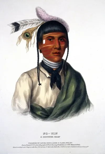 No-tin, a chief of the Ojibwa tribe, with facial tattoes and wearing a feather headdress