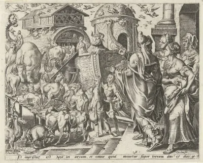 Noach gaat met zijn familie en de dieren aan boord van de ark