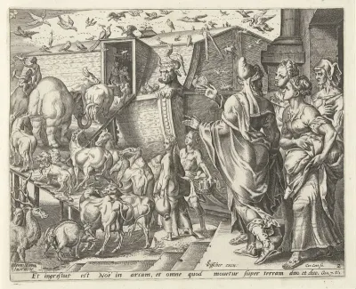 Noach gaat met zijn familie en de dieren aan boord van de ark