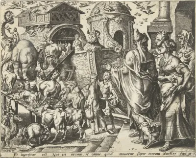 Noach gaat met zijn familie en de dieren aan boord van de ark