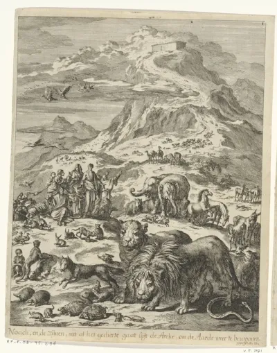 Noach, zijn familie en de dieren verlaten de ark