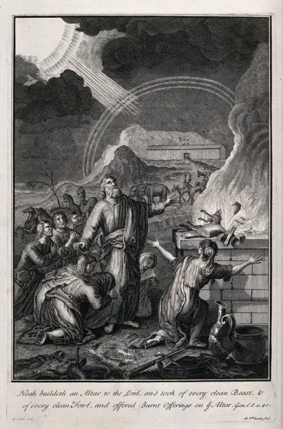 Noah and his entourage come down from the ark and make a sacrifice to God