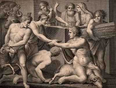 Noah and his family sacrifice a ram to God on leaving the ark