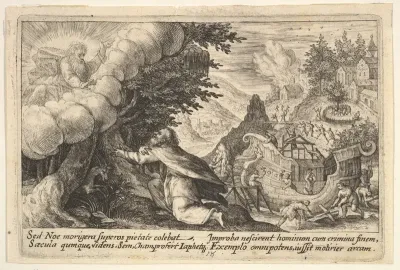Noah kneeling before God at left, the construction of the ark underway beyond, from "Liber Genesis"