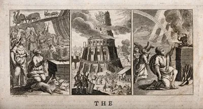 Noah preparing his first sacrifice after the Flood; the Tower of Babel; God responds to Noah's sacrifice with a rainbow