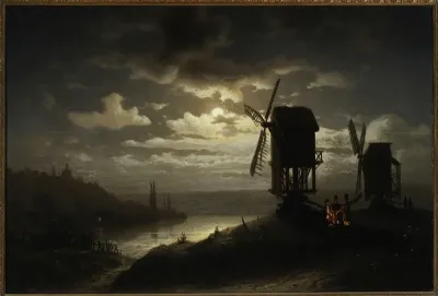 Nocturnal landscape and windmills.